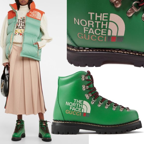 GUCCI BOOTS X NORTH FACE GREEN LEATHER LACE-UP ANKLE BOOTIES - Picture 1 of 16